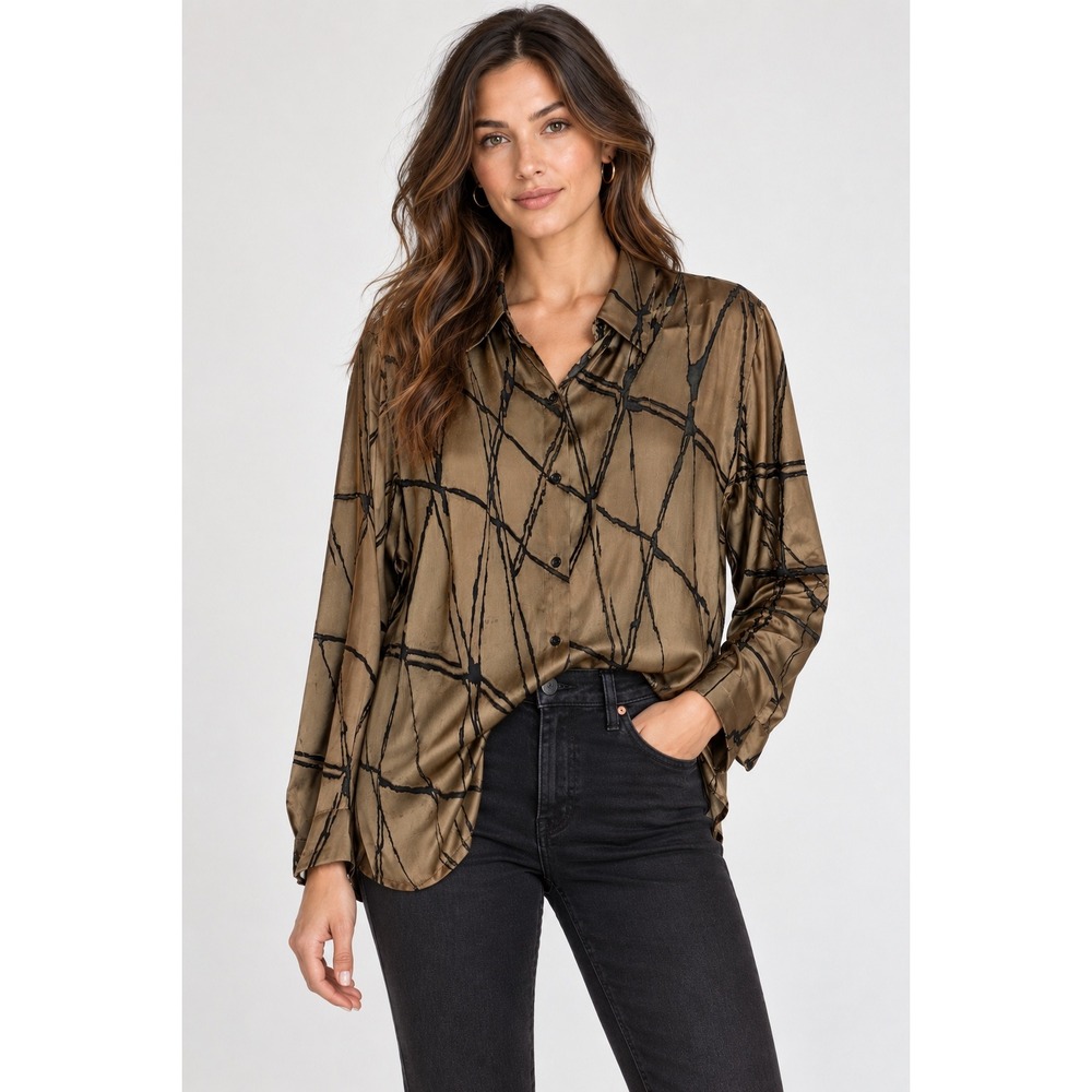 Chico's Design Button Front Blouse Women Size 1 Brown Silk Abstract Burnout